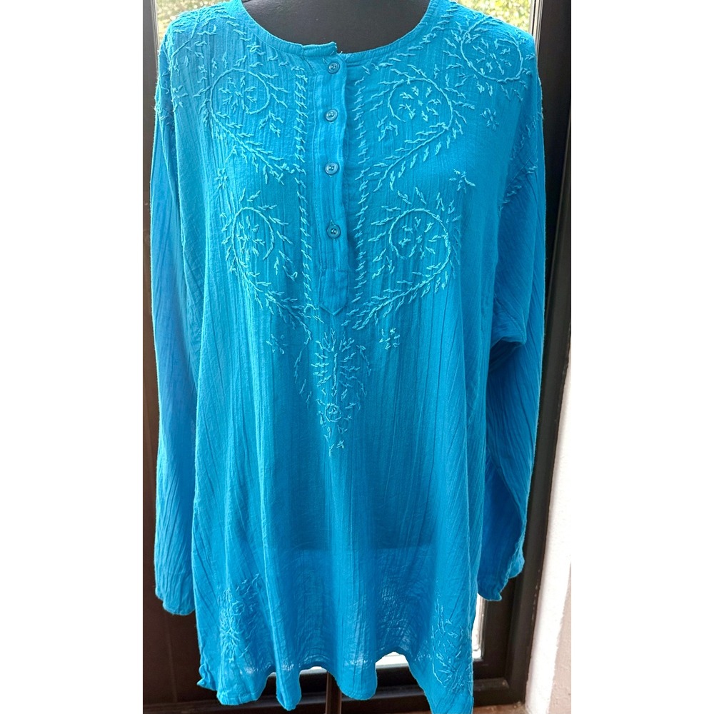 Mexicali Blues Turquoise Embroidered Gauze Tunic Top Women's XXL Boho Festival